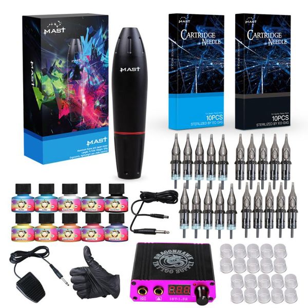 

professional tattoo kits rotary tattoo pen machine guns permanent makeup machine color inks power supply cartridge needles d3029