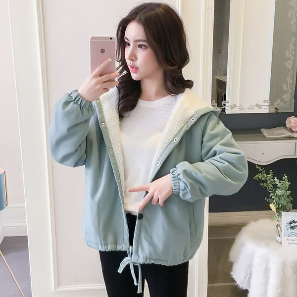 

2019 autumn and winter new style korean-style lambs wool students cotton-padded clothes hooded coat large size cartoon cotton co, Blue;black