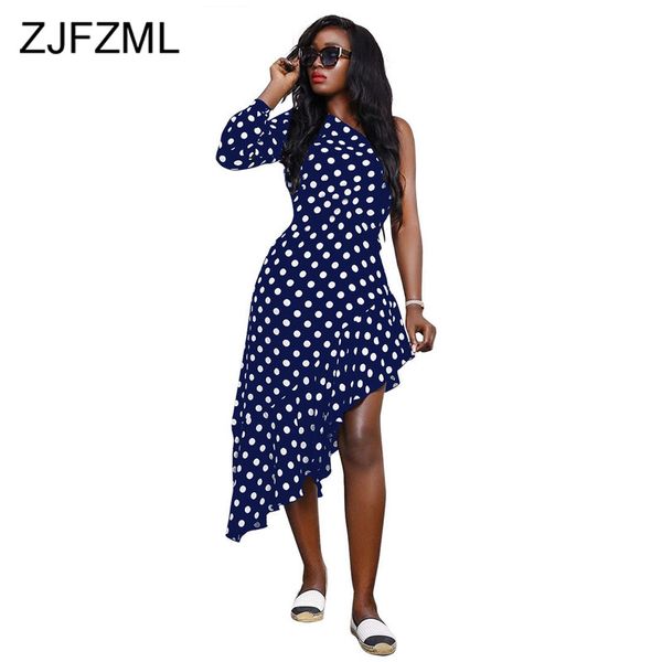 

casual dresses dot print one shoulder party dress women backless side slit plus size elegant ladies ruffles irregular long, Black;gray