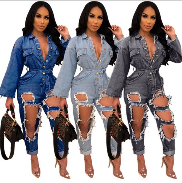 

fashionable holes ripped women jeans jumpsuits blue black sexy long sleeves buttons v neck sash straight pants rompers
