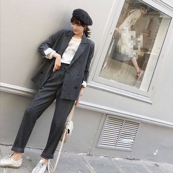 

2018 autumn new woman casual 3 pieces sets solid fashion double breasted blazer sashes mini skirt long pants outfits, Gray