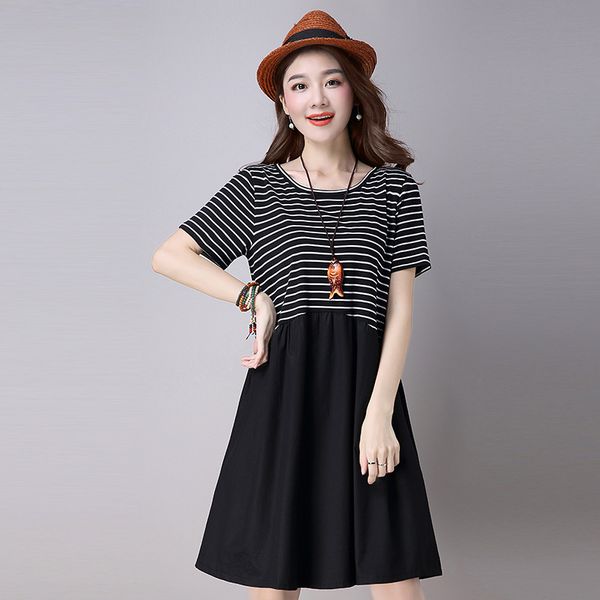 

2019 new style literature and art loose-fit joint striped cotton dress short sleeve pleated a- line skirt women's dress, Red