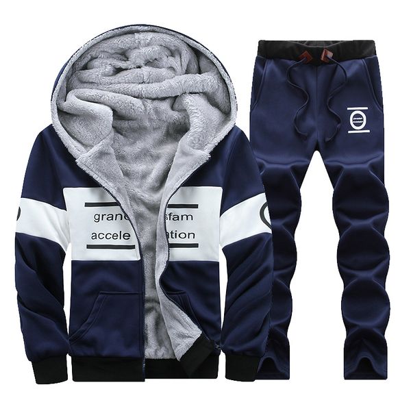 

men sweatsuits sportswear winter fleece hooded coat sweatshirt+sweatpant casual jogger running workout athletic set sport suit, Black;blue