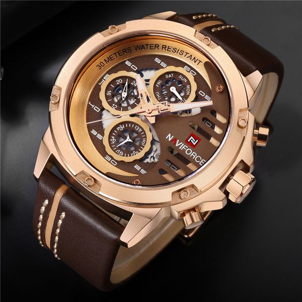 

naviforce new men's brand fashion business watch sport men leather waterproof quartz watches male date clock relogio masculino, Slivery;brown