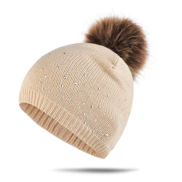 

pompom knitted hats knit beanie rhinestone for kids winter cap keep warm sports cap