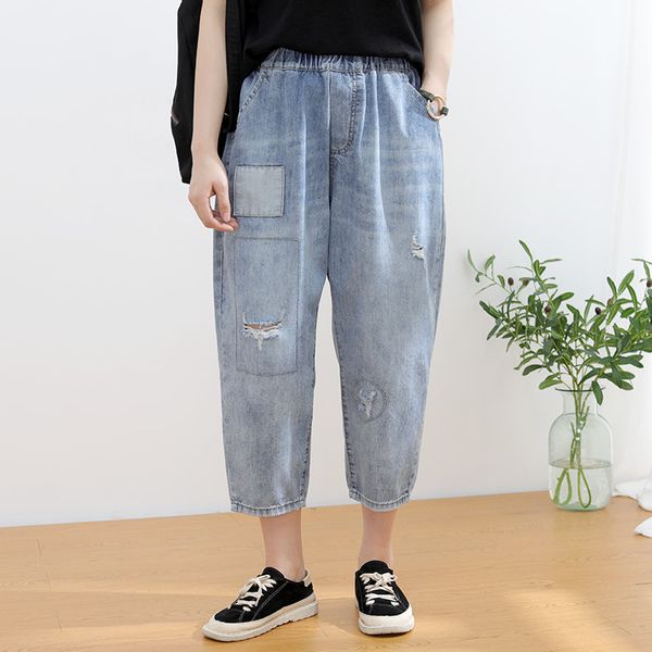 

denim pants patchwork hole elastic summer thin female jeans loose high-waiste thin women casual ankle-length pants female, Blue