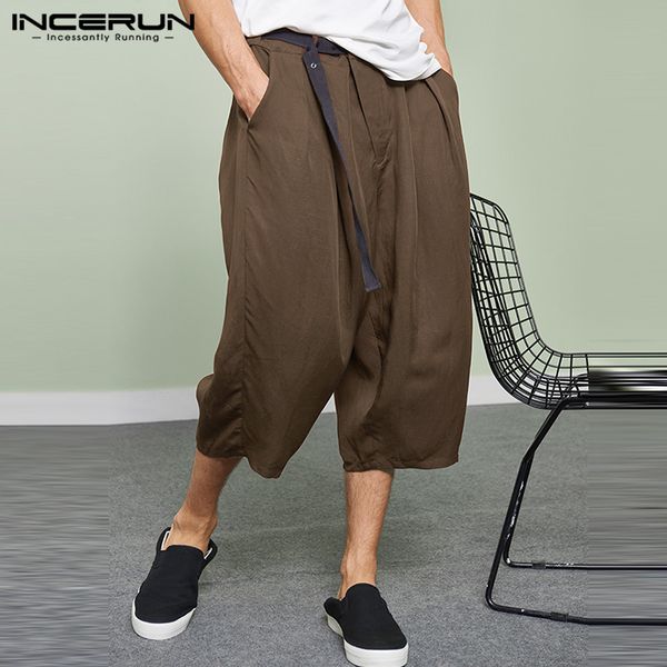 

men's pants solid color casual men lace up 2021 loose breathable pantalon summer joggers streetwear calf-length trousers s-5xl incerun, Black
