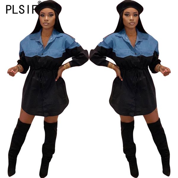 

women turn down collar mini dress patchwork summer casual shirt dress female vestidos femme, Black;gray