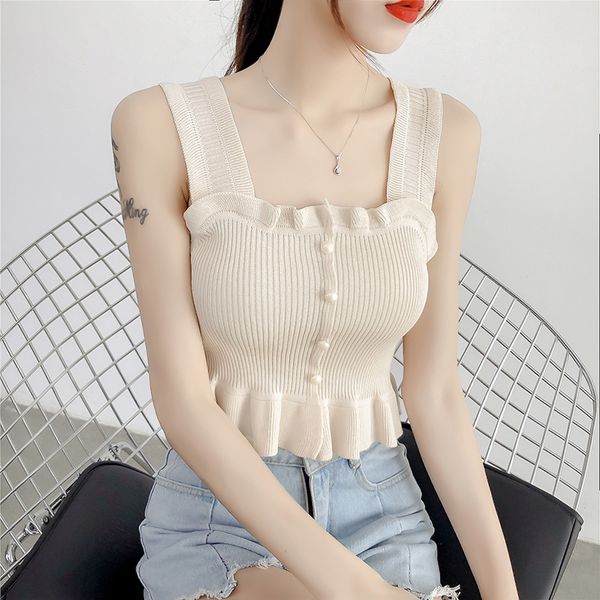 

square collar knitted women tank summer 2020 sleeveless black/white/beige single breasted shirts for female new