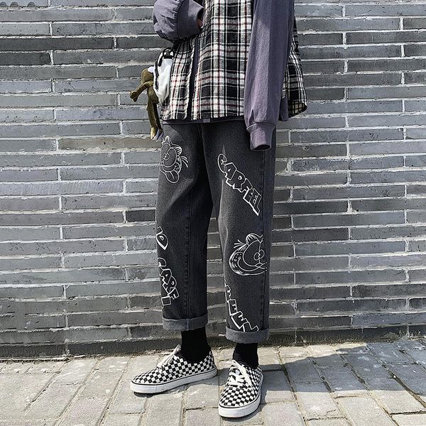 

autumn new jeans men fashion cartoon print washed casual denim pants man streetwear hip hop loose straight jeans male clothes, Blue
