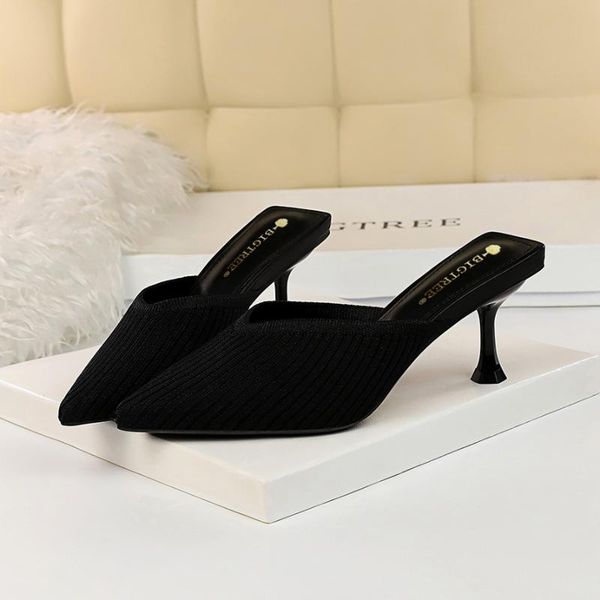 

корейская версия простой и универсальный daily ленивые обувь баотоу drag на высоких каблуках полые нити v-образный mouth заостренный женский, Black