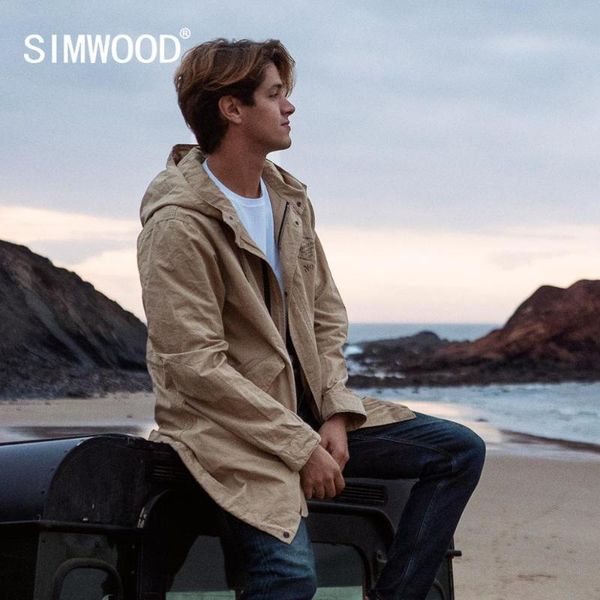 

simwood 2020 spring new long jackets men hooded vintage windbreaker letter print thin coats 100% cotton outerwear sj130178, Black;brown