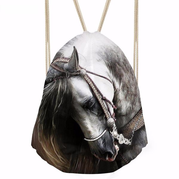 

thikin white 3d crazy horse printing women men drawstrings bags softback casual storage bag multifunction travel backpacks
