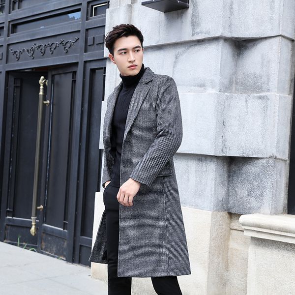 

trench homme 2019 winter woollen casual plaid trench coat men korean version of the slim men's long coat soft men's raincoat, Tan;black