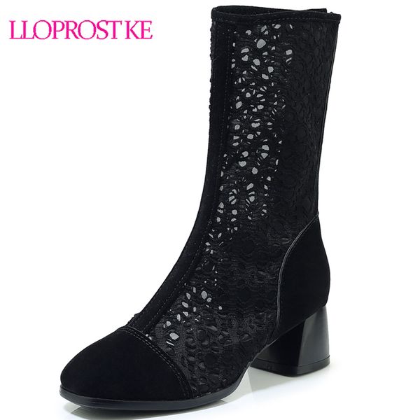 

lloprost ke 2019 women boots hollow out summer boots round toe thick heel zipper air mesh fashion sandals woman h264, Black