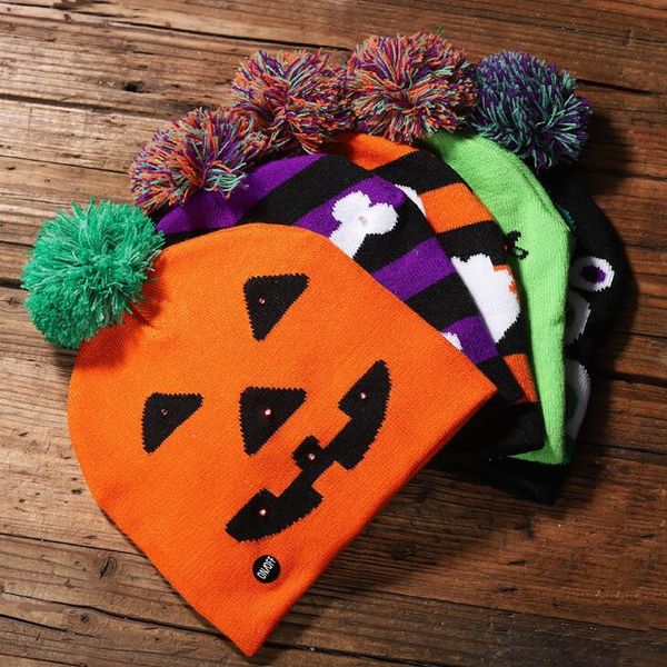 

led halloween knitted hats for pumpkin acrylic skull cap kids baby moms warm beanies crochet winter caps party decor gift lx2100