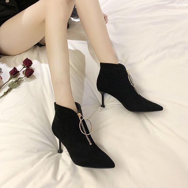 

new style metal buckle boots women's 2020 pointed-toe thin heeled high heel shoes plus velvet short boots womens, Black