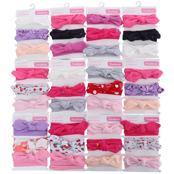 

3pcs turbans baby girls cotton headbands knot bowknot bunny hairbands infant kids elastic floral headwear children hair accessory, Slivery;white