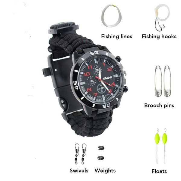 

7 in 1 outdoor camping watch multi-functional emergency tools kit survival watch compass whistle fishing kit paracord bracelet, Slivery;brown