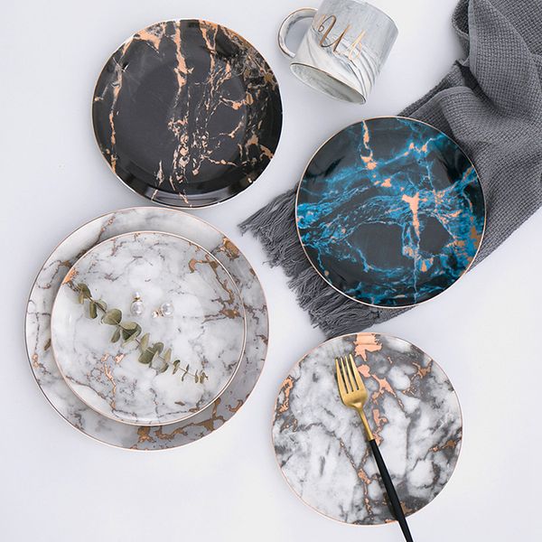 

marble plates ceramic dishes gold inlay porcelain dessert plate steak salad snack cake plates tableware dinnerware rra2007