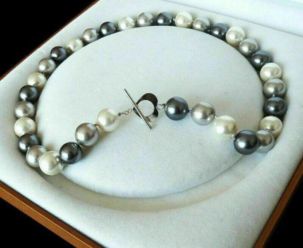 

beautiful 10mm round white black gray shell pearl fashion necklace 18, Silver