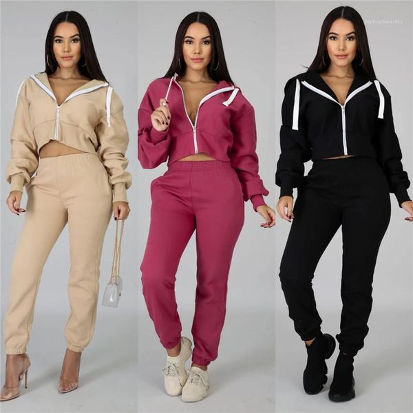 

loose sports zipper hooded long sleeved fashion womens tracksuits solid color womens designer tracksuits casual 2 piece pants, Gray
