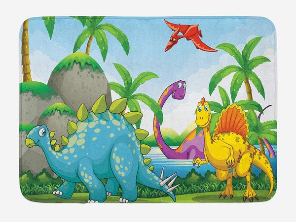 

jurassic doormat dinosaurs living in the jungle illustration palm trees lakeside stones fun artwork home decor floor mat rugs