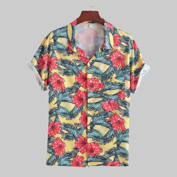 

feitong hawaiian shirt men summer fashion casual floral print short sleeve shirt blouse loose wear beach holiday shirts, White;black