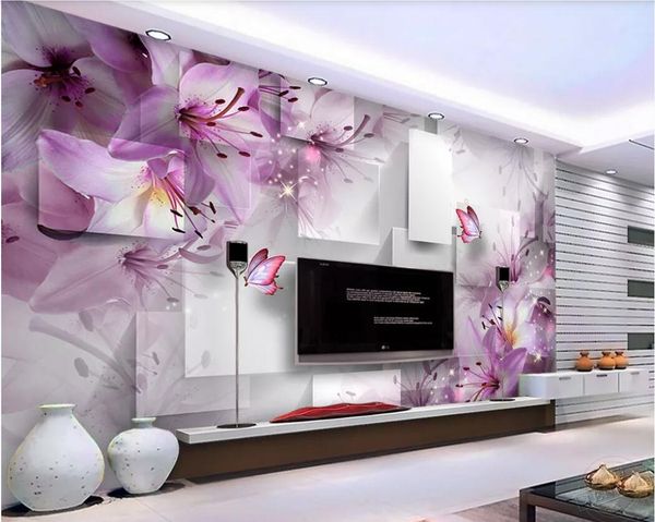 

3d room wallpaper custom p mural purple lily transparent flower three-dimensional square fashion background wall wallpaper for walls 3 d