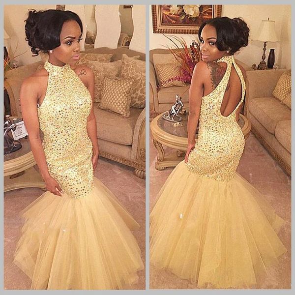 

2020 gold mermaid prom dress halter neck backless black girl formal sweep train evening party gown custom made plus size