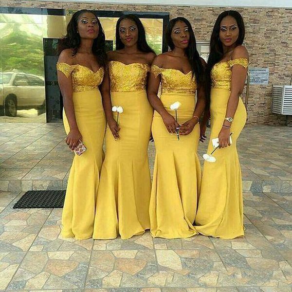 

2019 Charming Yellow Lace Bridesmaid Dresses Cap Sleeves Mermaid Party Dresses Floor Length Modest Formal PromGowns