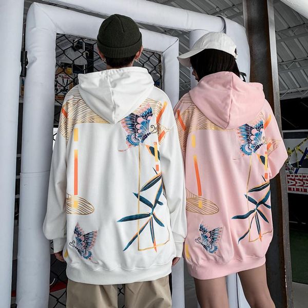 

harajuku wind butterfly embroidery printing autumn willow tide brand lovers pullover hooded sweater men and women loose coat, Black