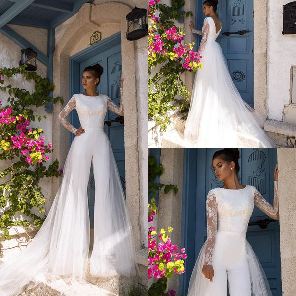 

2020 oksana mukha wedding jumpsuits with detachable train jewel neck beach boho wedding dress custom made long sleeve abiti da sposa, White