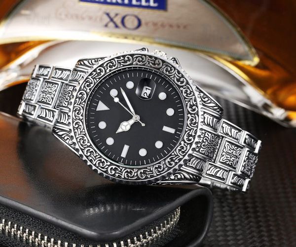 

vintage engraving mens watches luxury watch quartz movement fashion unique designer wristwatches stainless steel montre de luxe, Slivery;brown