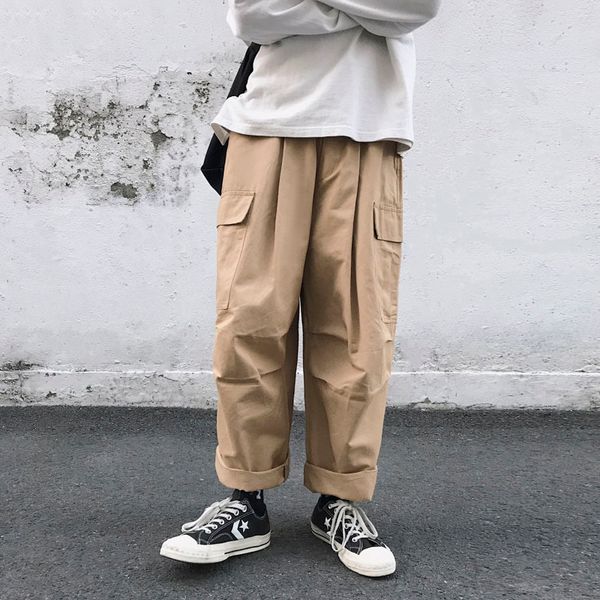 

2020 spring and autumn new japanese youth trend men's loose multi-pocket overalls fashion solid color loose casual pants m-2xl, Black