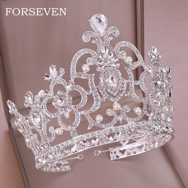 

queen diadem crystal crown wedding hair accessories ornaments crystal pearl tiara & crown king head jewelry bridal tiaras, Golden;white