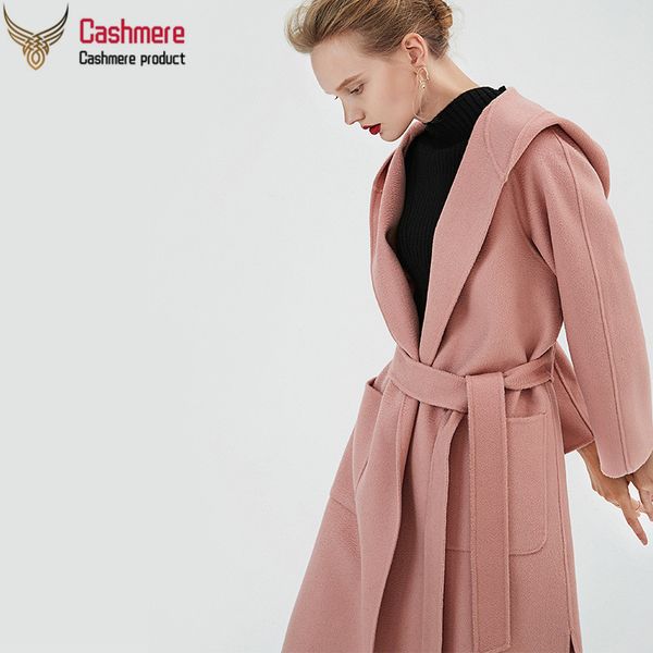 

water ripple double-faced cashmere coat women 2019 autumn and winter new hooded cashmere coat waist woolen woolen red women, Black