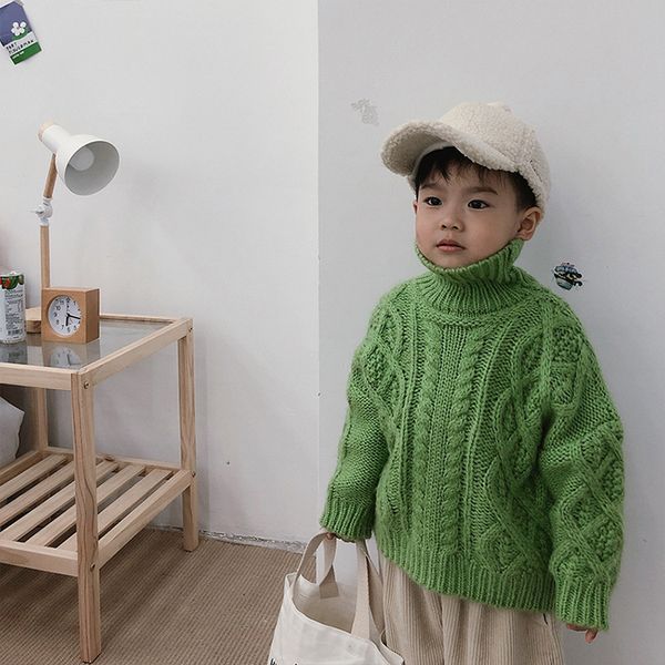 

winter 2019 boys girls knitted turtleneck long sleeve sweaters kids warm twisted loose sweater, Blue
