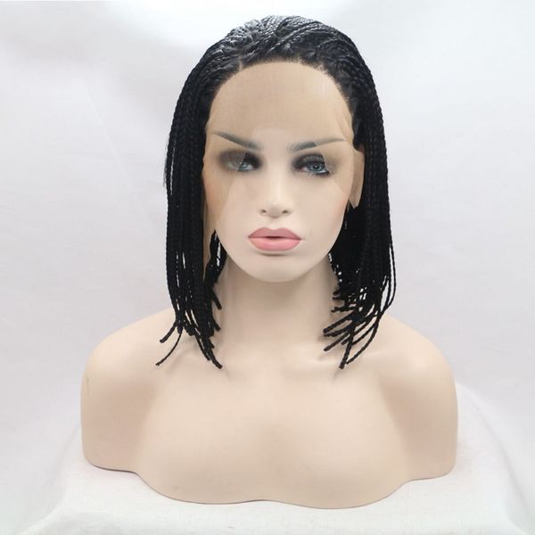 

synthetic braided lace front wigs short bob hair micro braiding wigs heat resistant hair for african american women, Black