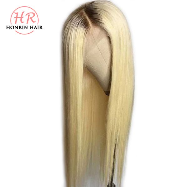 

honrin hair blonde ombre t4/613 lace front wig brown hair roots silky straight brazilian virgin human hair pre plucked full lace wig, Black;brown