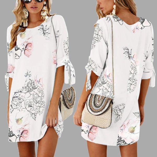 

2019 New Spring Fashion Sexy Women Summer Half Sleeve Bow Bandage Floral Striaght Casual Short Mini Ladies Dresses For Female