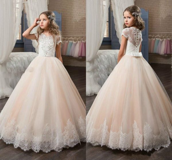 Princesa Beads Blush Rosa Lace Flower Girls 'Vestidos de Beads Barato Meninas de Aniversário Vestidos Formais Primeira Comunhão Vestidos Crianças Pageant Tutu