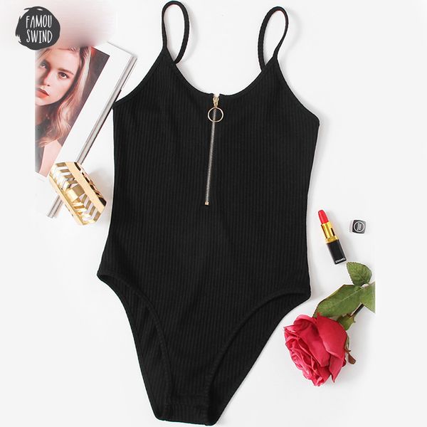 

o bodysuit кольцо сплошной для фронта ребристые cami летних повседневный черный scoop шеи рукавов sexy трико zipper женщин, Black;white