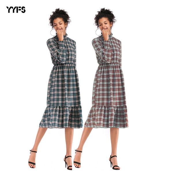 

2020 spring selling european and american womens high collar chiffon dress plaid big swing skirt, White;black