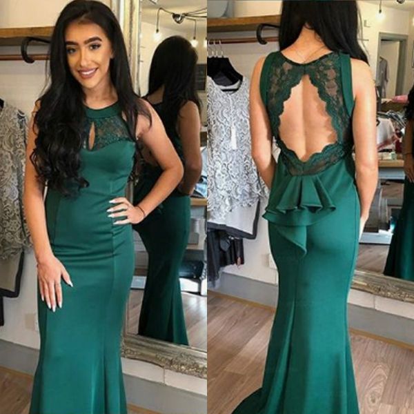 

2019 elegant green mermaid prom dresses round neck open back long evening dresses lace party gown, Black