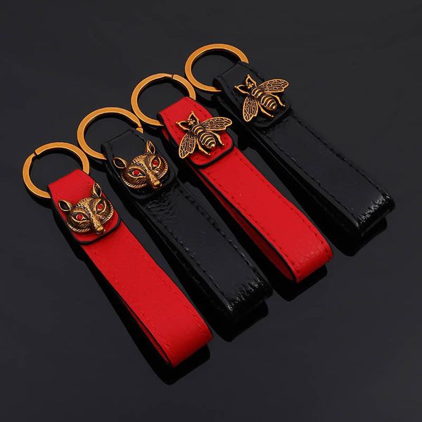 

new brand keychains rings genuine leather keyrings for car keys women men bee fox design bag charms pendants man key chain fobs jewelry, Slivery;golden