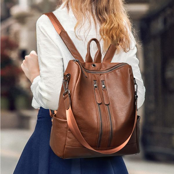

2019 women leather backpack female vintage backpack shoulder bag mochila travel sac a dos school bag packbag for teenage girl