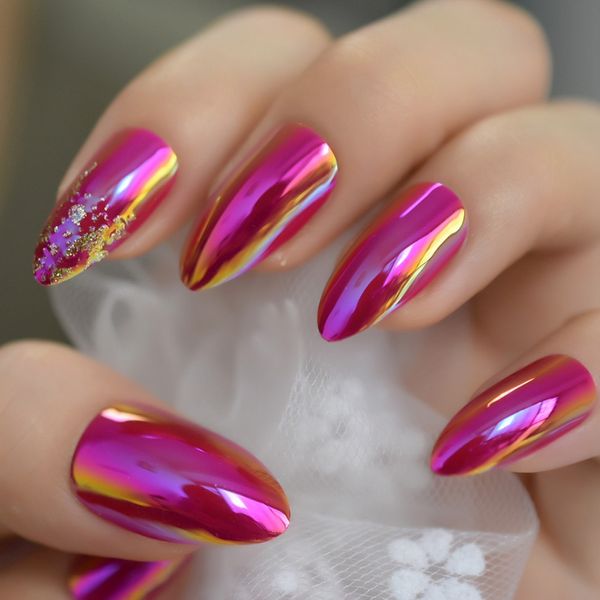 

holographic nail art metallic mirror pink french stilettos nail metal oval stiletto sharp fake nails adhesive tape, Red;gold