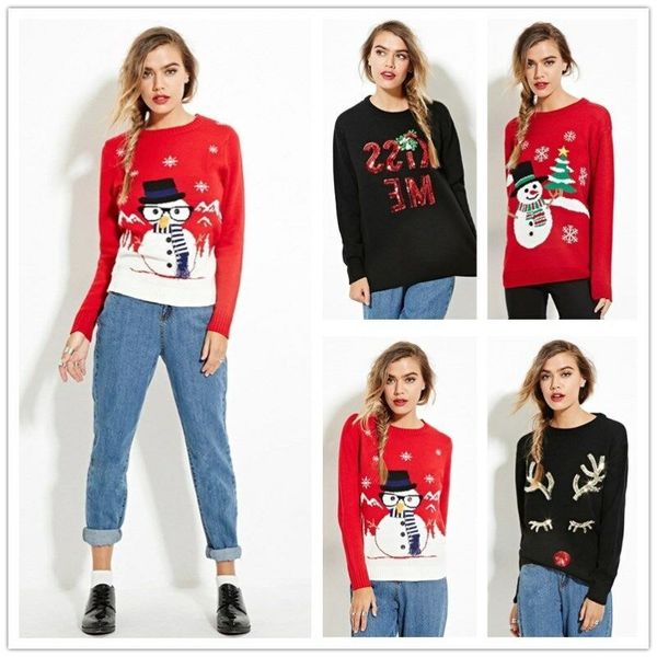 

2018 lady winter warm christmas pullover sweater round collar long sleeve sweater lovely snowman knitted pullover, White;black