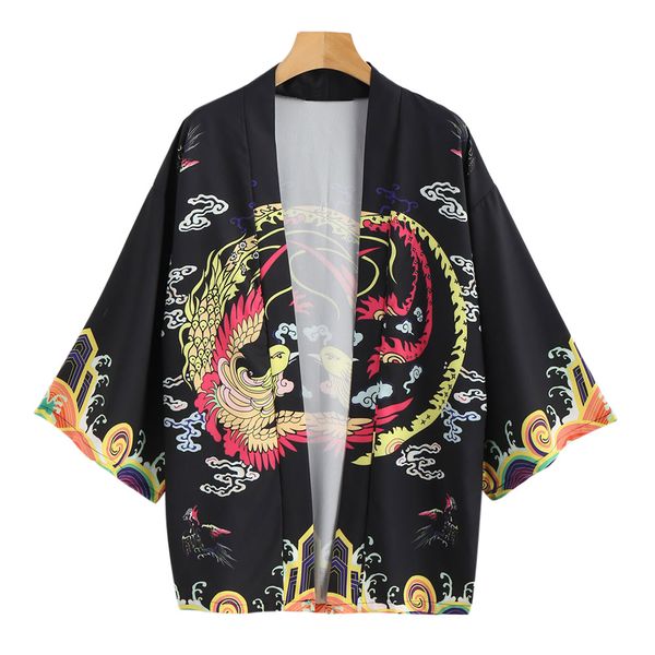 

zaful phoenix waves print kimono cardigan for men animal print stand collar short sleeves loose oversized jackets, White;black